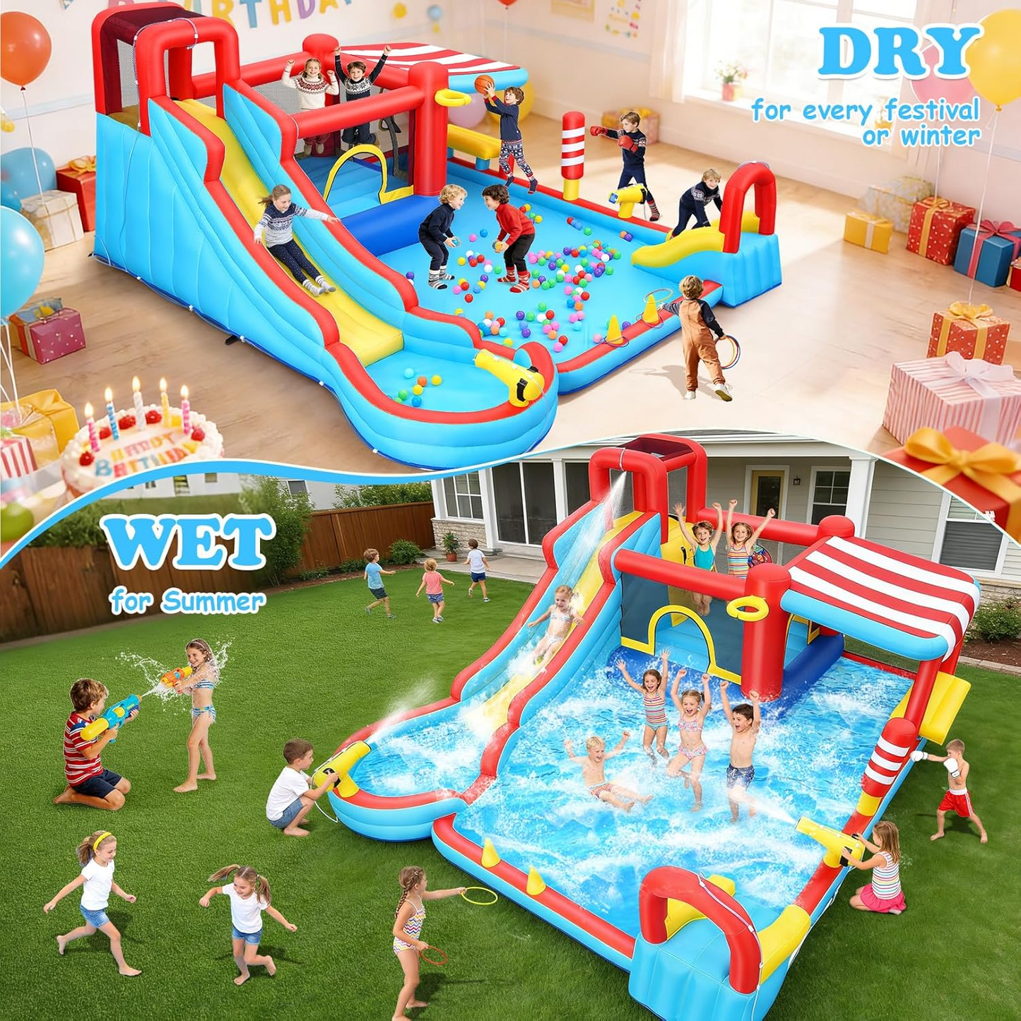 KRISRATE Inflatable Large Bounce House Water Slide Park with Dual Slides & Big Splash Pool, Water Sprayers & 550W Blower for Outdoor Backyard Party