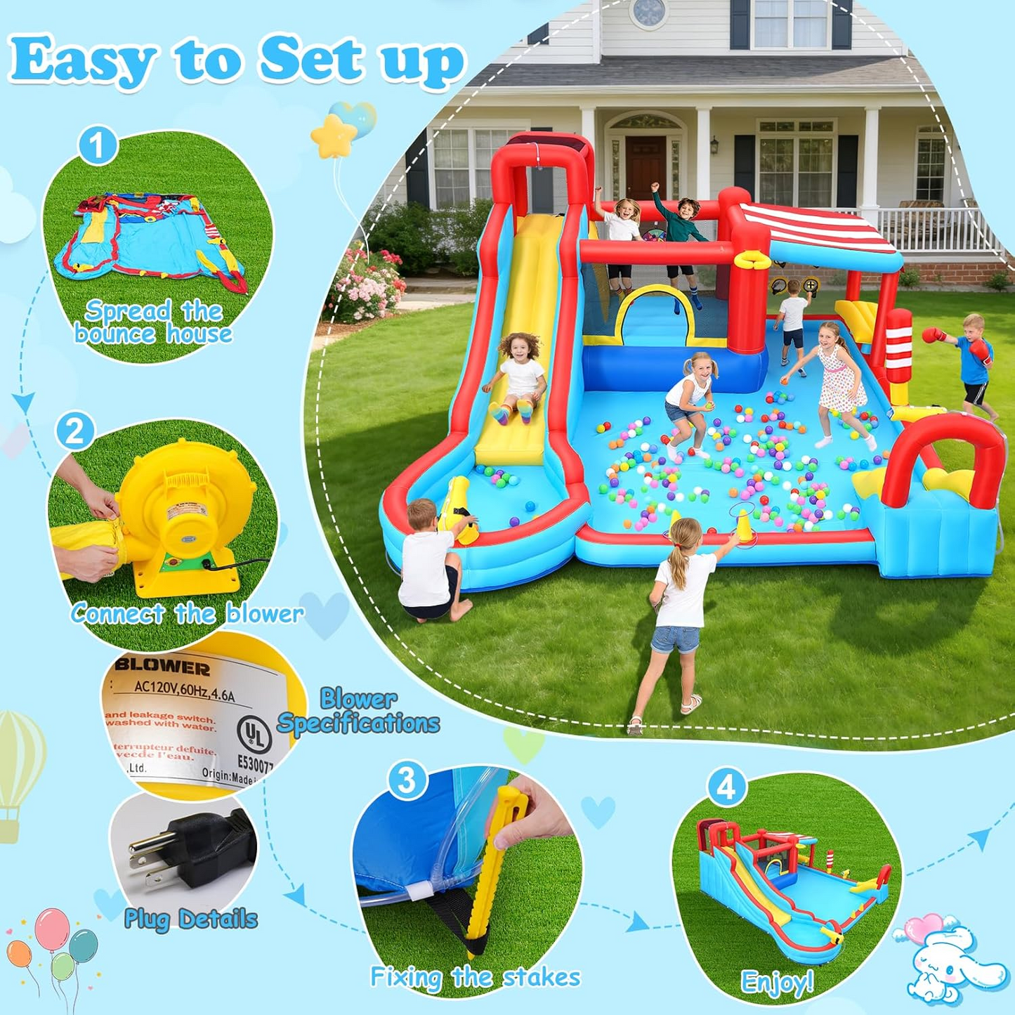 KRISRATE Inflatable Large Bounce House Water Slide Park with Dual Slides & Big Splash Pool, Water Sprayers & 550W Blower for Outdoor Backyard Party