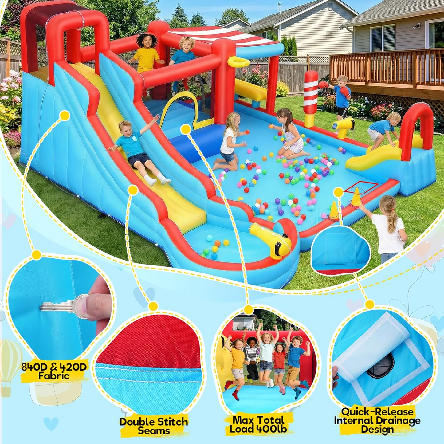 KRISRATE Inflatable Large Bounce House Water Slide Park with Dual Slides & Big Splash Pool, Water Sprayers & 550W Blower for Outdoor Backyard Party