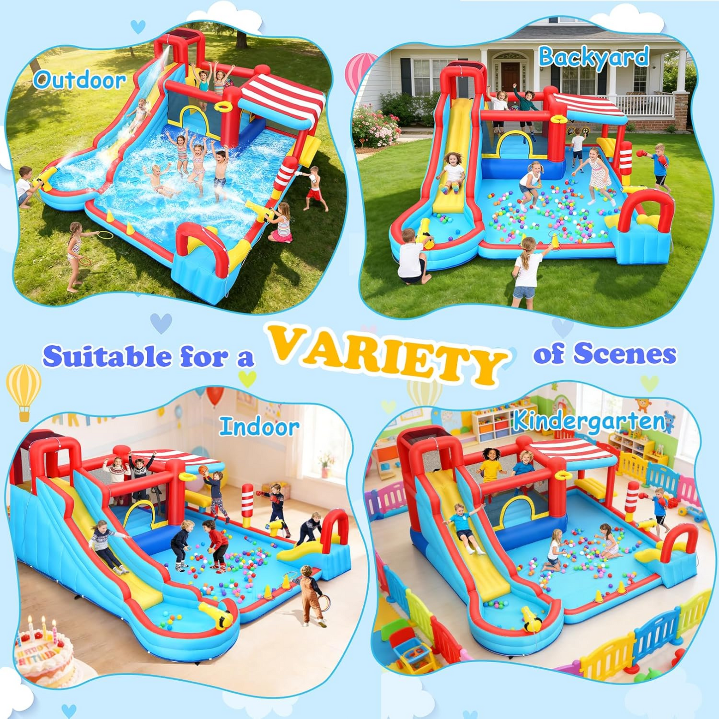 KRISRATE Inflatable Large Bounce House Water Slide Park with Dual Slides & Big Splash Pool, Water Sprayers & 550W Blower for Outdoor Backyard Party