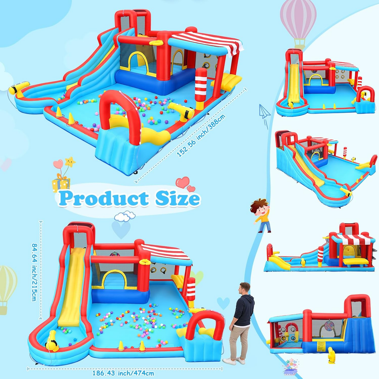 KRISRATE Inflatable Large Bounce House Water Slide Park with Dual Slides & Big Splash Pool, Water Sprayers & 550W Blower for Outdoor Backyard Party