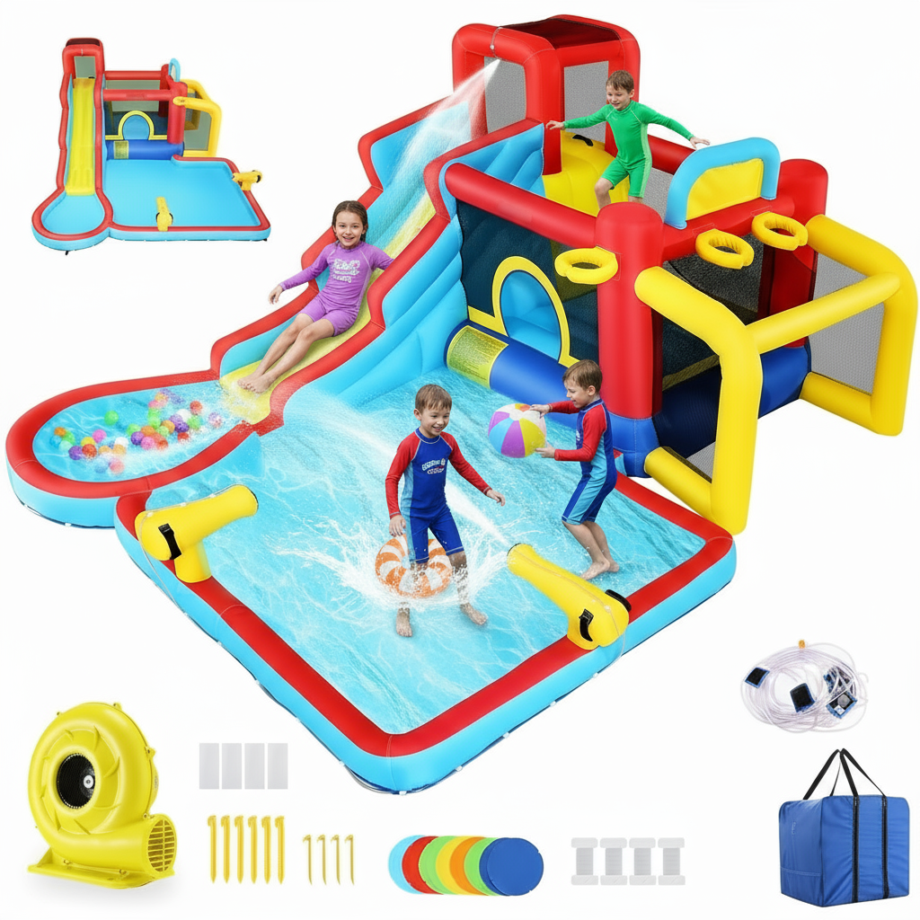 KRISRATE Inflatable Bounce House Water Slide 14.6FT x11.5FT with Pool, Jump Area, Water Slide, Climbing Wall,2 Water Toy Blasters & 620W Blower Indoor