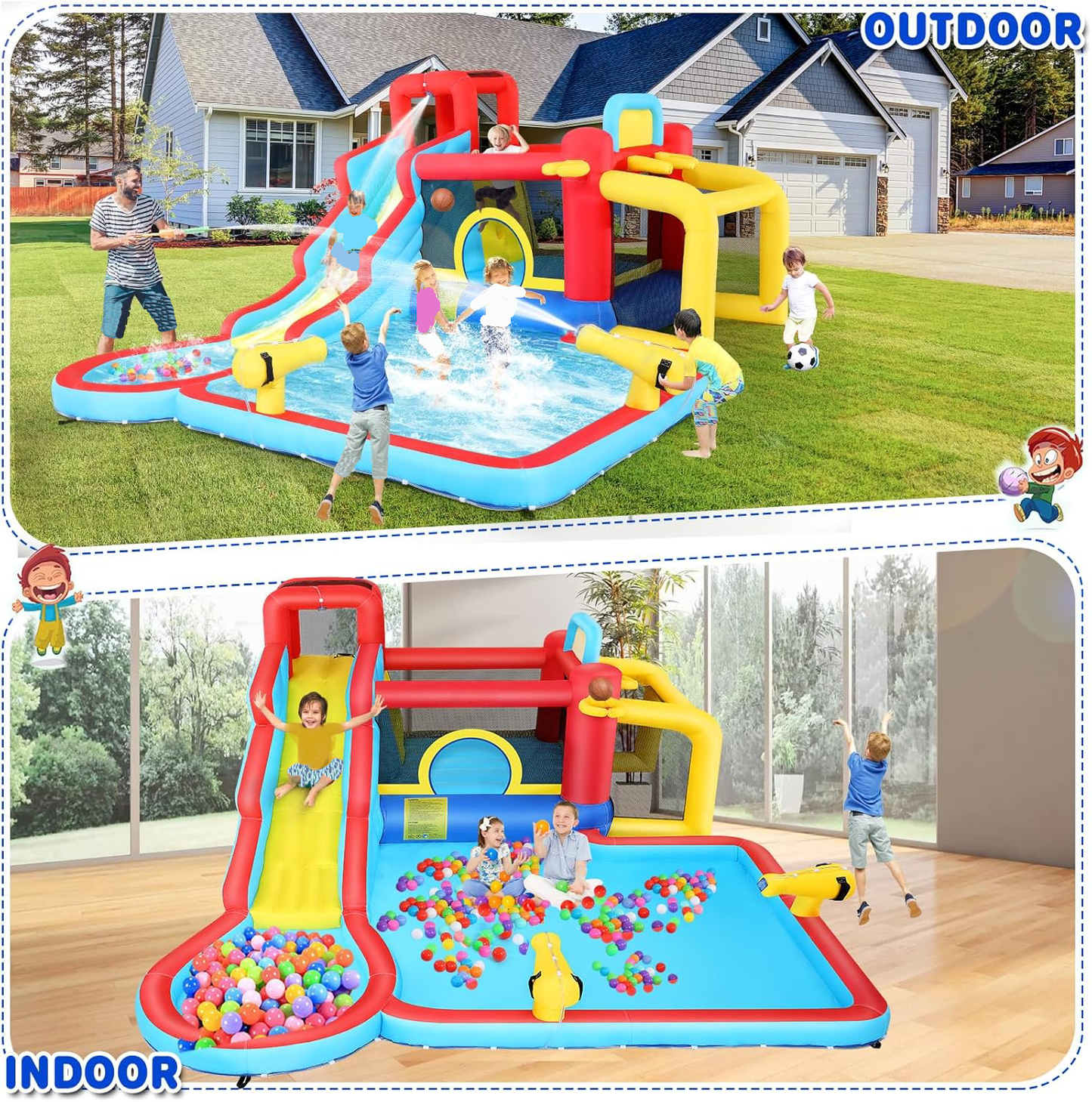 KRISRATE Inflatable Bounce House Water Slide 14.6FT x11.5FT with Pool, Jump Area, Water Slide, Climbing Wall,2 Water Toy Blasters & 620W Blower Indoor