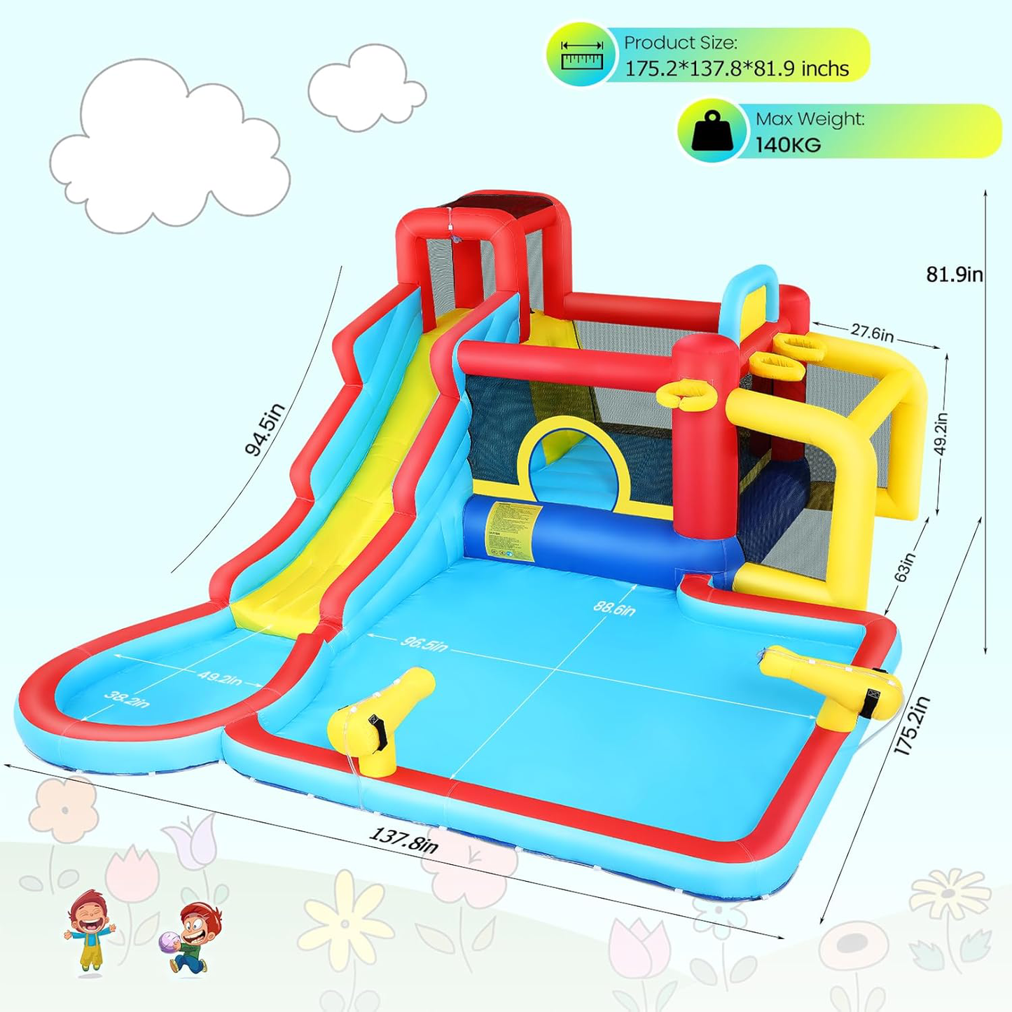 KRISRATE Inflatable Bounce House Water Slide 14.6FT x11.5FT with Pool, Jump Area, Water Slide, Climbing Wall,2 Water Toy Blasters & 620W Blower Indoor