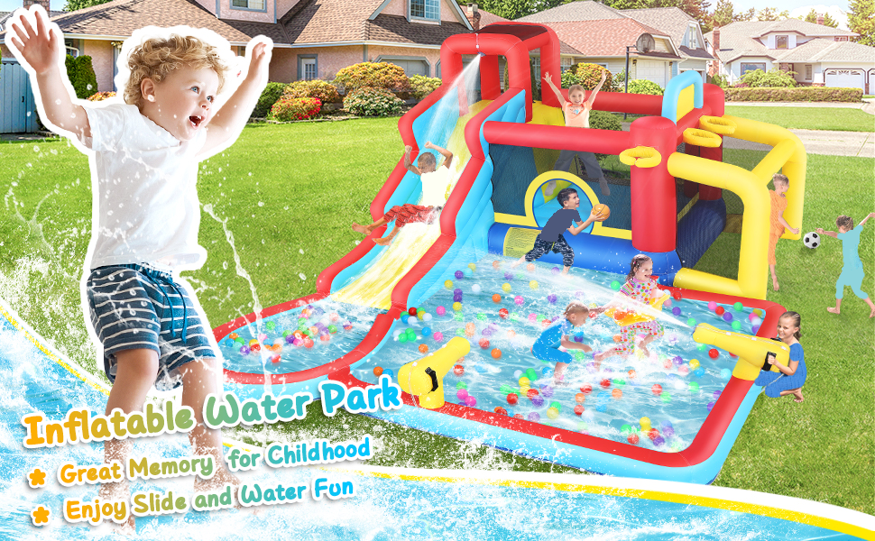 KRISRATE Inflatable Bounce House Water Slide 14.6FT x11.5FT with Pool, Jump Area, Water Slide, Climbing Wall,2 Water Toy Blasters & 620W Blower Indoor