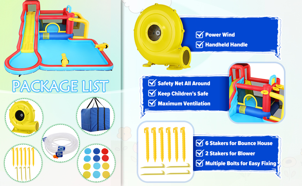 KRISRATE Inflatable Bounce House Water Slide 14.6FT x11.5FT with Pool, Jump Area, Water Slide, Climbing Wall,2 Water Toy Blasters & 620W Blower Indoor
