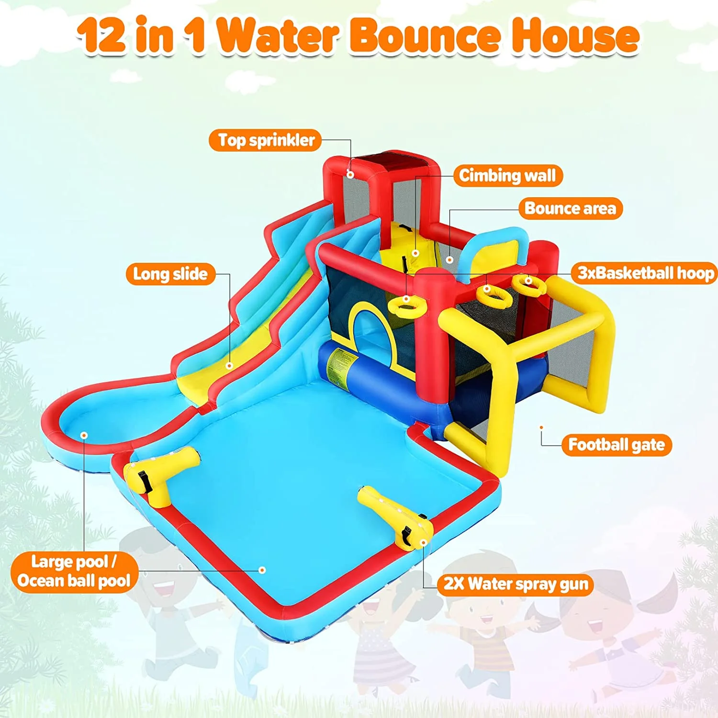KRISRATE Inflatable Bounce House Water Slide 14.6FT x11.5FT with Pool, Jump Area, Water Slide, Climbing Wall,2 Water Toy Blasters & 620W Blower Indoor