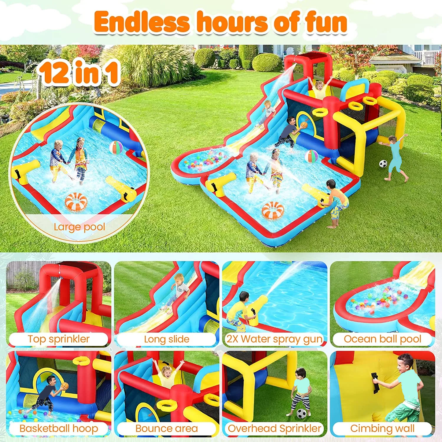 KRISRATE Inflatable Bounce House Water Slide 14.6FT x11.5FT with Pool, Jump Area, Water Slide, Climbing Wall,2 Water Toy Blasters & 620W Blower Indoor