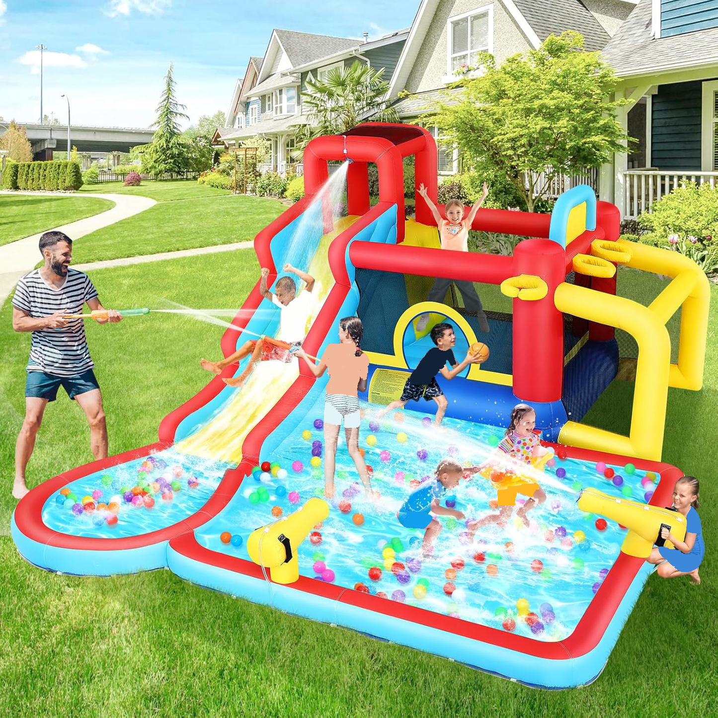 KRISRATE Inflatable Bounce House Water Slide 14.6FT x11.5FT with Pool, Jump Area, Water Slide, Climbing Wall,2 Water Toy Blasters & 620W Blower Indoor