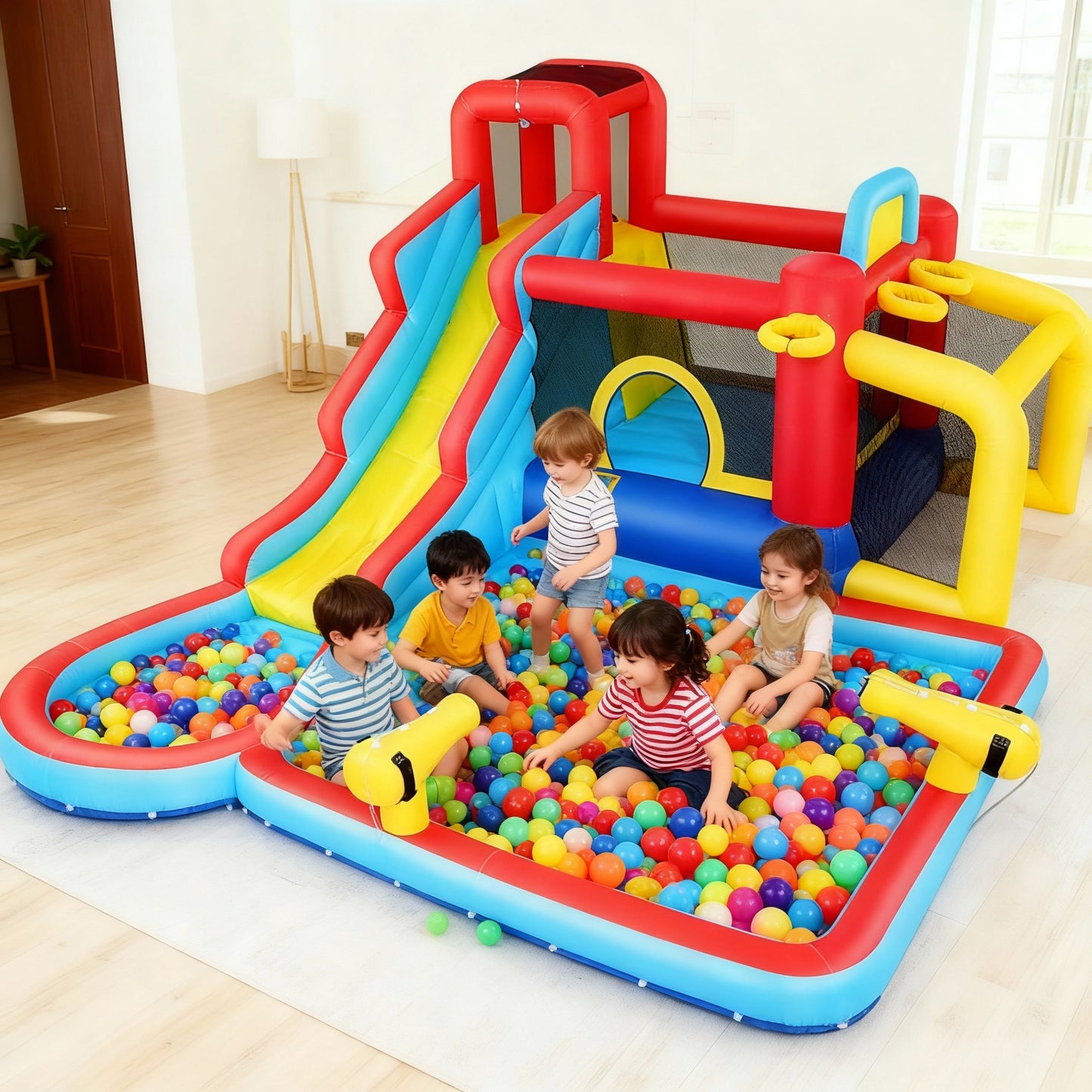 KRISRATE Inflatable Bounce House Water Slide 14.6FT x11.5FT with Pool, Jump Area, Water Slide, Climbing Wall,2 Water Toy Blasters & 620W Blower Indoor
