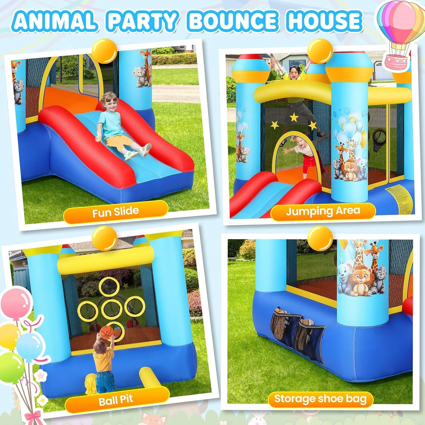 KRISRATE Bounce House with Slide -Animal Themed Inflatable Castle with 370W Blower, Jumping Area & Ball Pitching Game, Indoor Outdoor Bouncy Playhouse