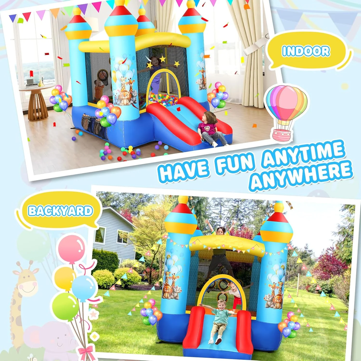 KRISRATE Bounce House with Slide -Animal Themed Inflatable Castle with 370W Blower, Jumping Area & Ball Pitching Game, Indoor Outdoor Bouncy Playhouse