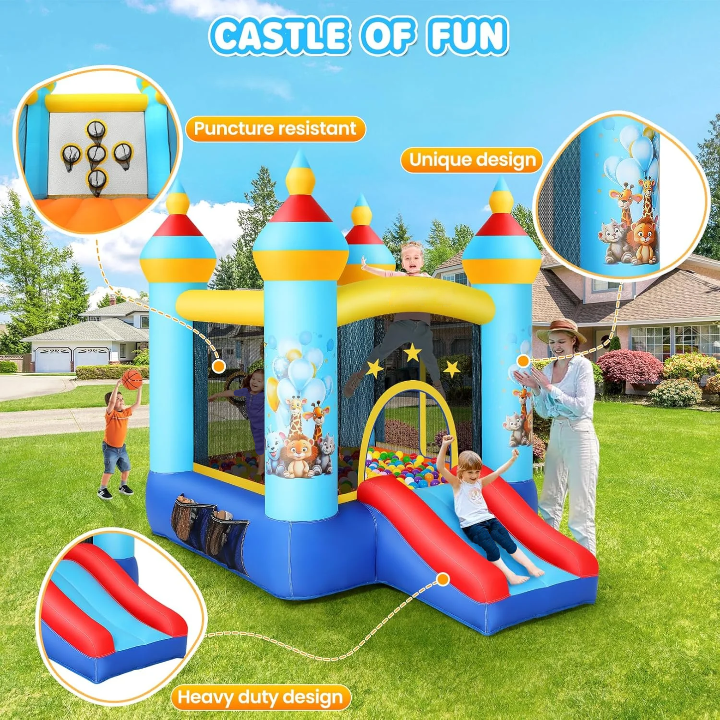 KRISRATE Bounce House with Slide -Animal Themed Inflatable Castle with 370W Blower, Jumping Area & Ball Pitching Game, Indoor Outdoor Bouncy Playhouse
