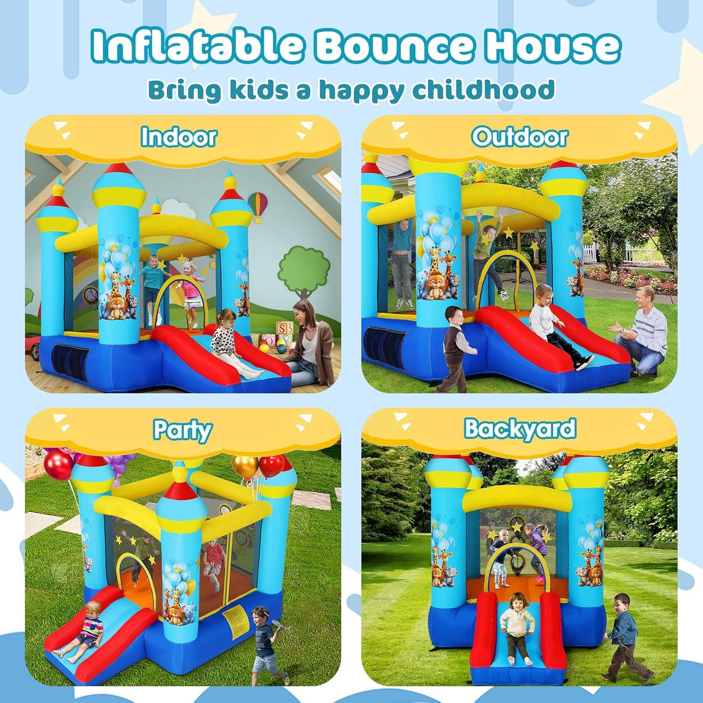 KRISRATE Bounce House with Slide -Animal Themed Inflatable Castle with 370W Blower, Jumping Area & Ball Pitching Game, Indoor Outdoor Bouncy Playhouse