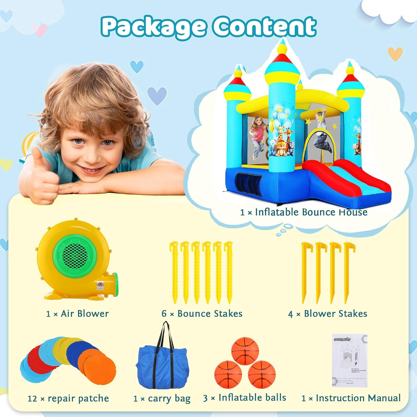 KRISRATE Bounce House with Slide -Animal Themed Inflatable Castle with 370W Blower, Jumping Area & Ball Pitching Game, Indoor Outdoor Bouncy Playhouse