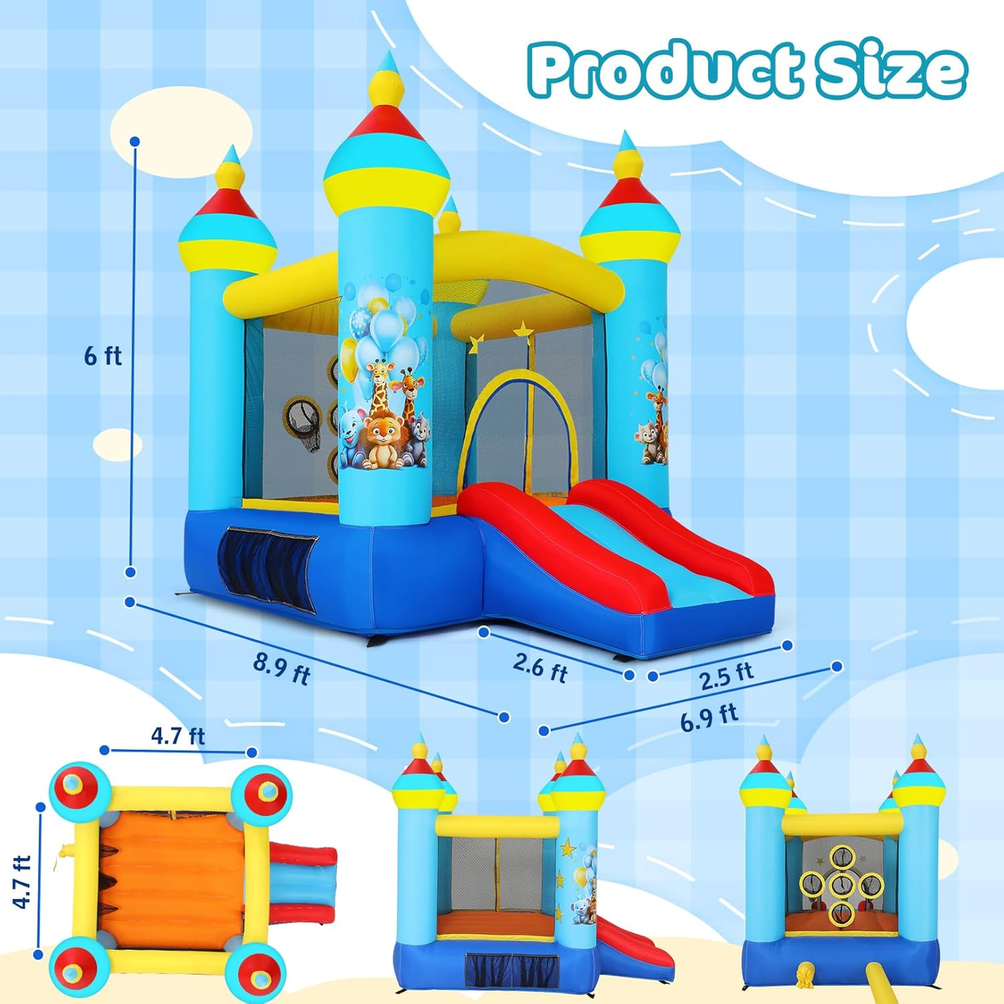 KRISRATE Bounce House with Slide -Animal Themed Inflatable Castle with 370W Blower, Jumping Area & Ball Pitching Game, Indoor Outdoor Bouncy Playhouse