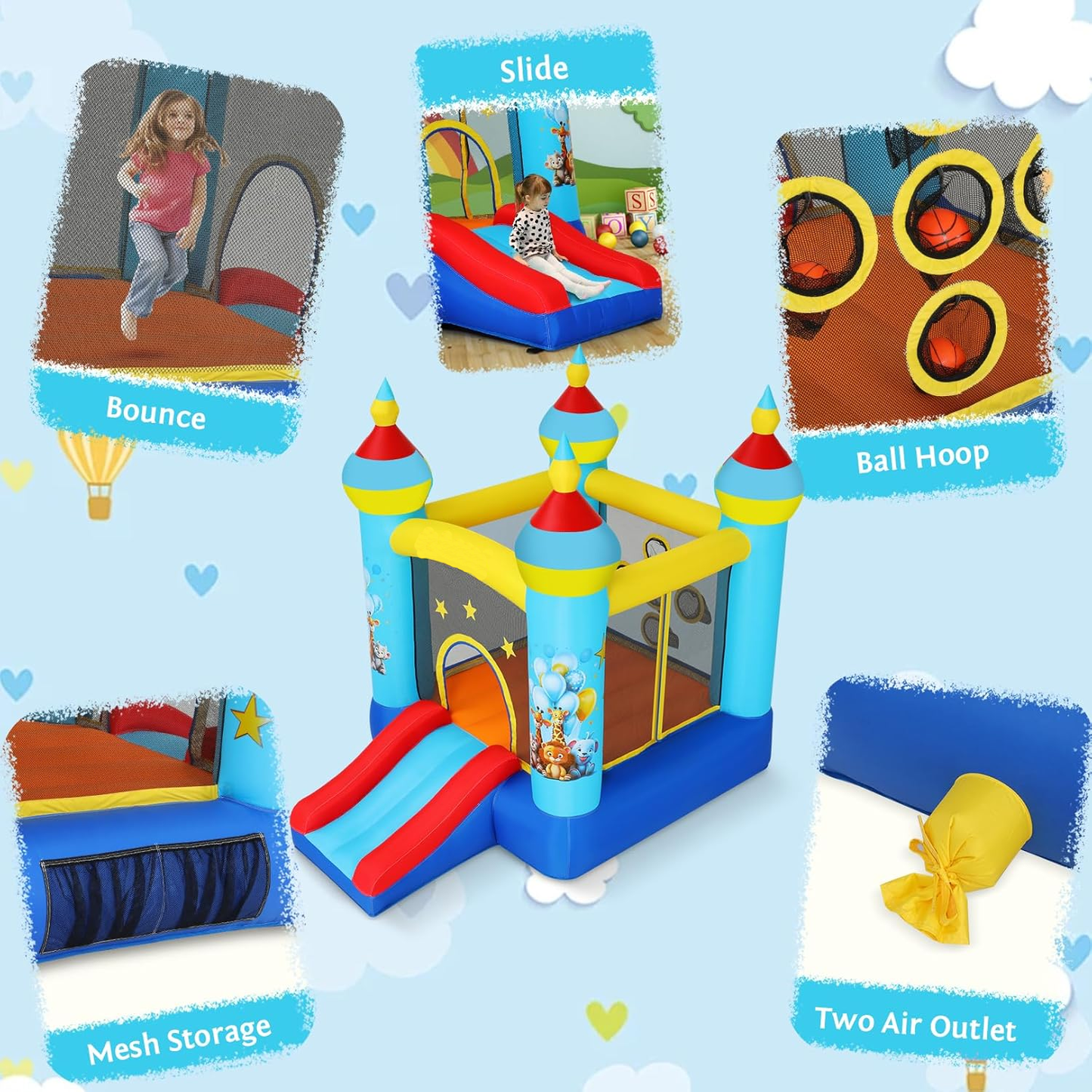 KRISRATE Bounce House with Slide -Animal Themed Inflatable Castle with 370W Blower, Jumping Area & Ball Pitching Game, Indoor Outdoor Bouncy Playhouse