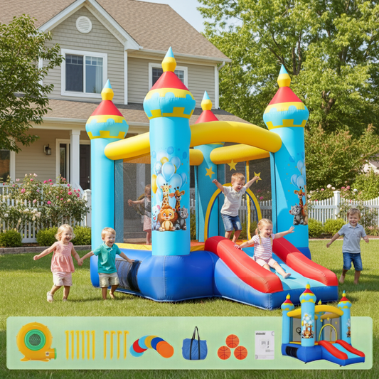 KRISRATE Bounce House with Slide -Animal Themed Inflatable Castle with 370W Blower, Jumping Area & Ball Pitching Game, Indoor Outdoor Bouncy Playhouse
