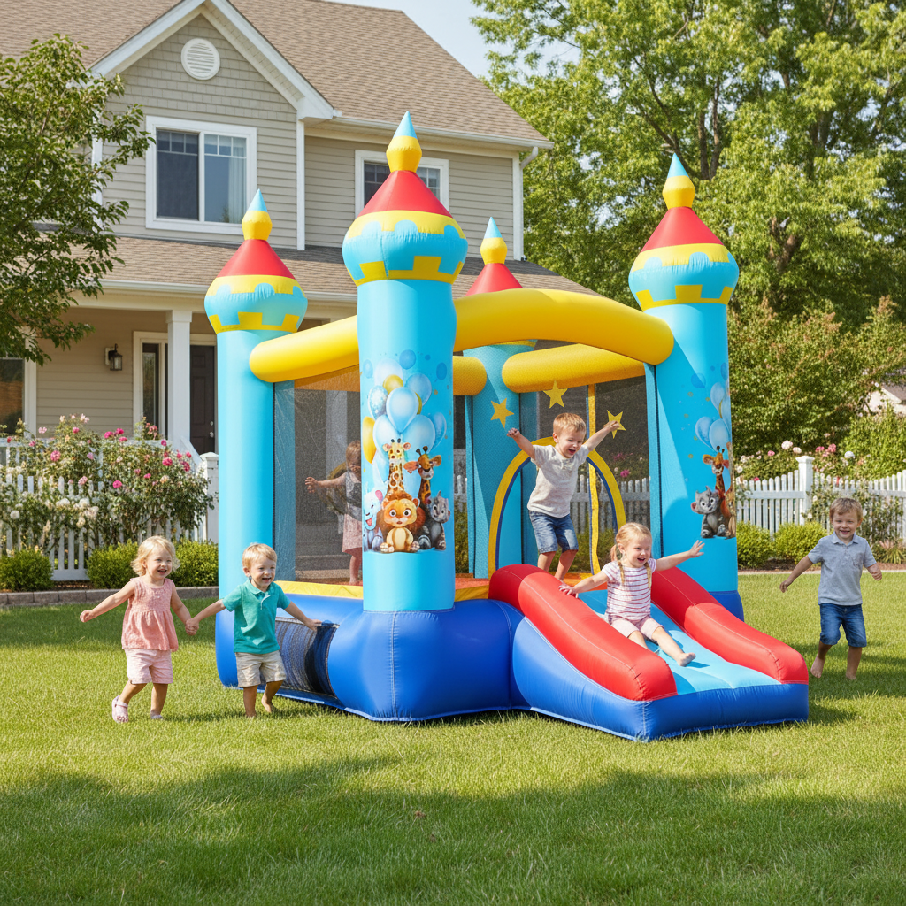 KRISRATE Bounce House with Slide -Animal Themed Inflatable Castle with 370W Blower, Jumping Area & Ball Pitching Game, Indoor Outdoor Bouncy Playhouse