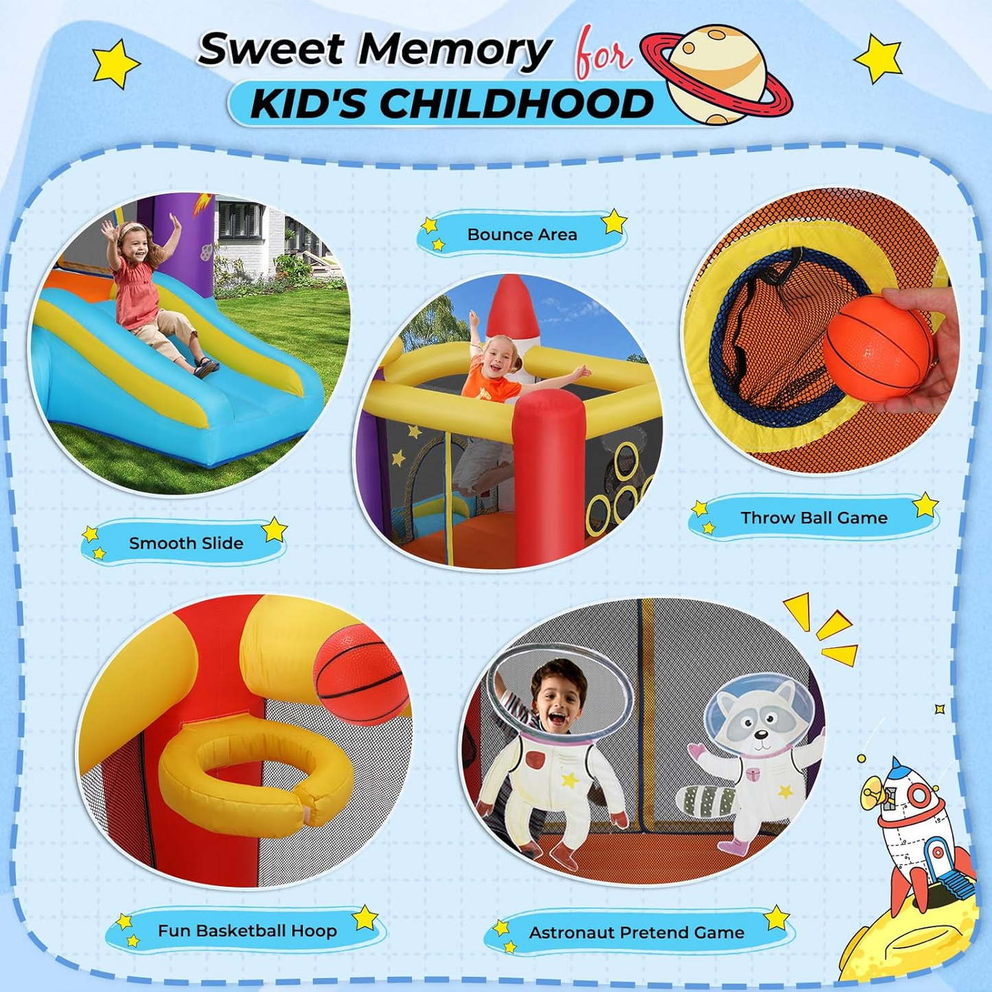 KRISRATE Inflatable Bounce House for Kids with Slide & Blower - Astronaut Rocket Theme Bouncy Castle with Jumping Area, Ball Toss Game, Indoor Outdoor