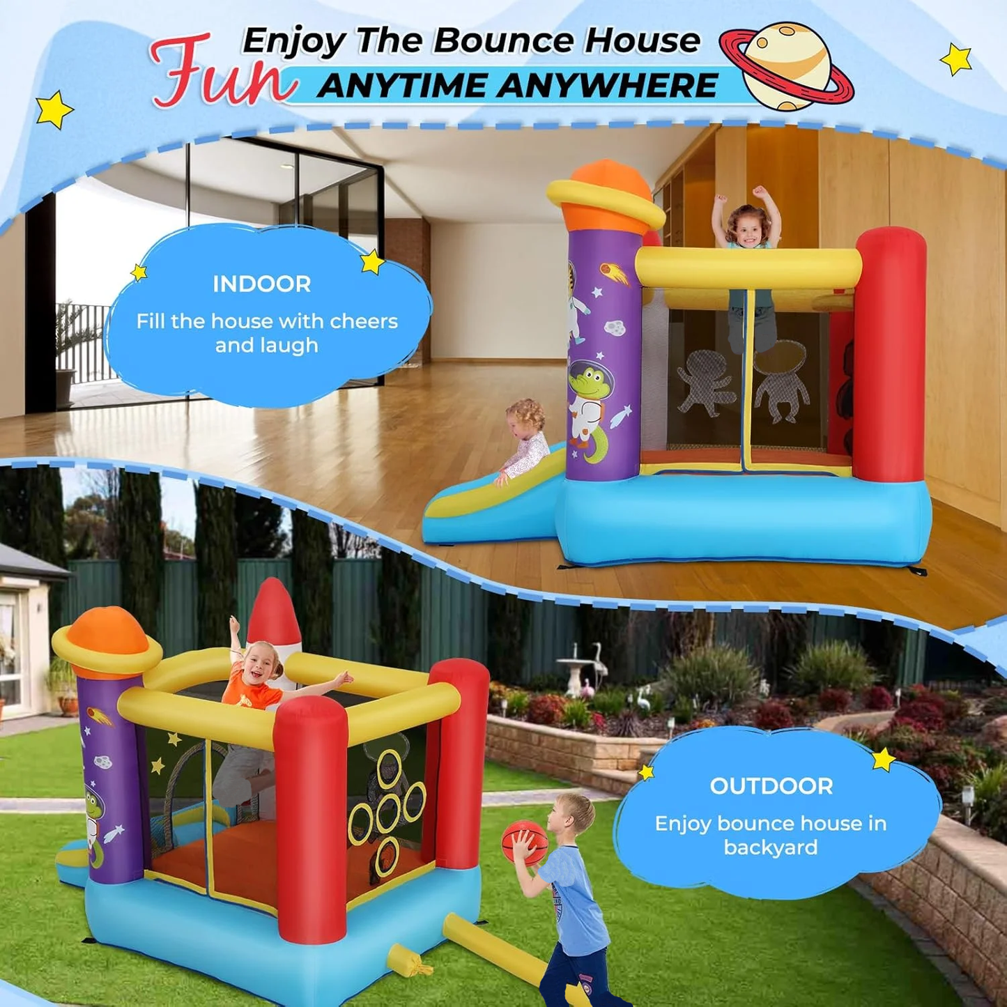 KRISRATE Inflatable Bounce House for Kids with Slide & Blower - Astronaut Rocket Theme Bouncy Castle with Jumping Area, Ball Toss Game, Indoor Outdoor