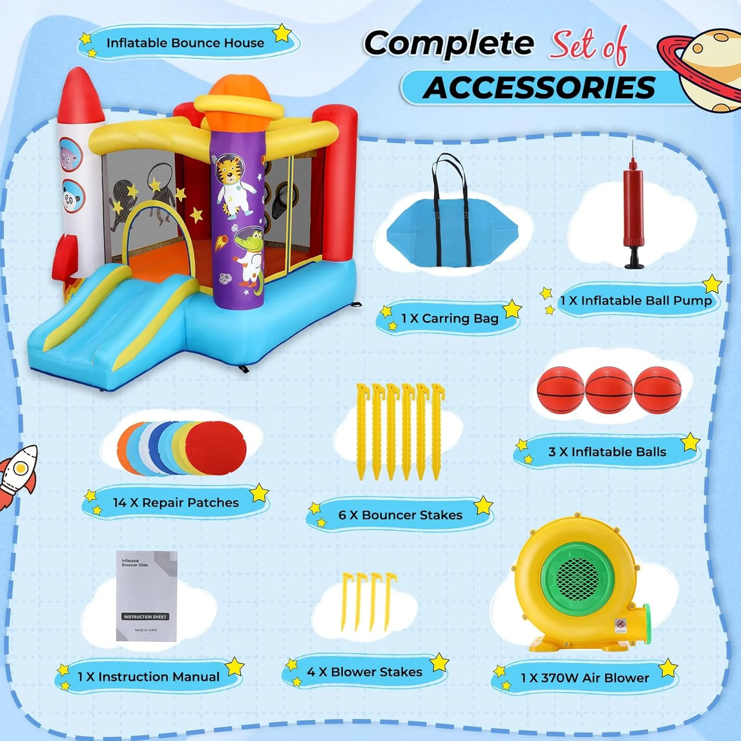 KRISRATE Inflatable Bounce House for Kids with Slide & Blower - Astronaut Rocket Theme Bouncy Castle with Jumping Area, Ball Toss Game, Indoor Outdoor