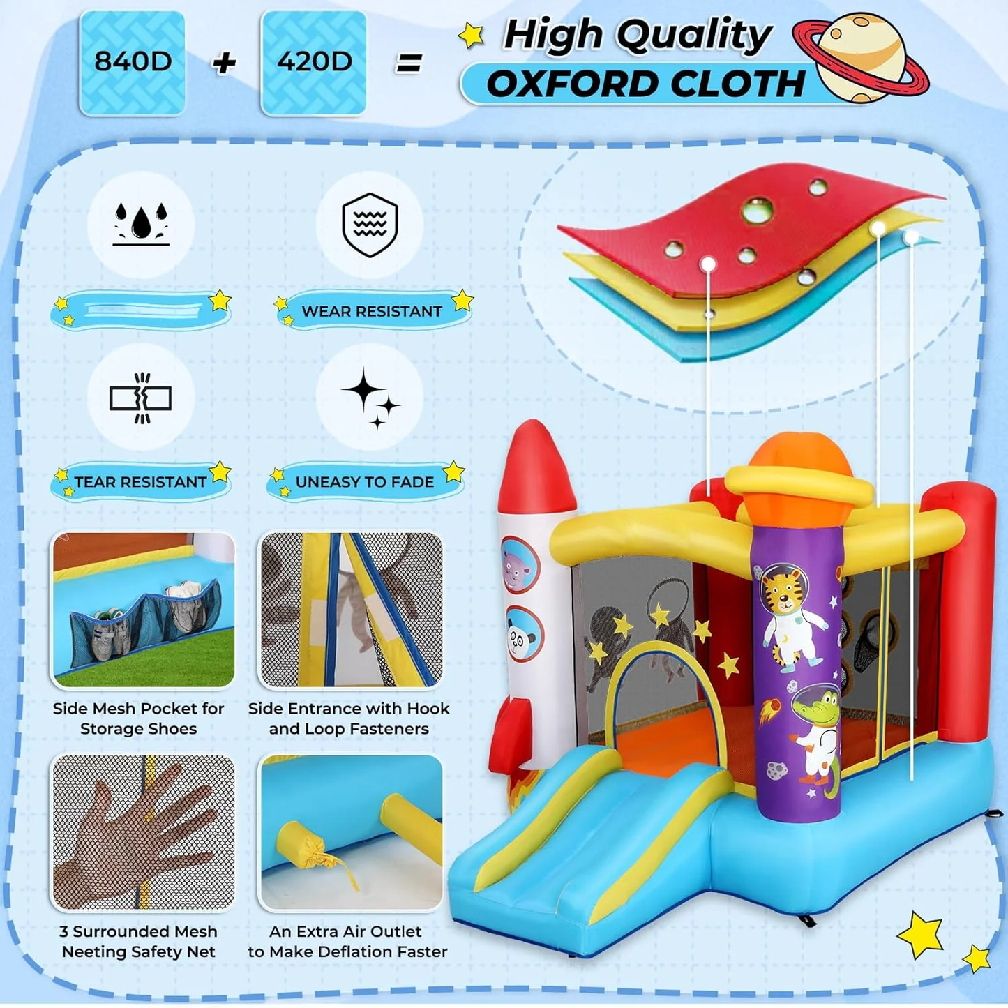 KRISRATE Inflatable Bounce House for Kids with Slide & Blower - Astronaut Rocket Theme Bouncy Castle with Jumping Area, Ball Toss Game, Indoor Outdoor