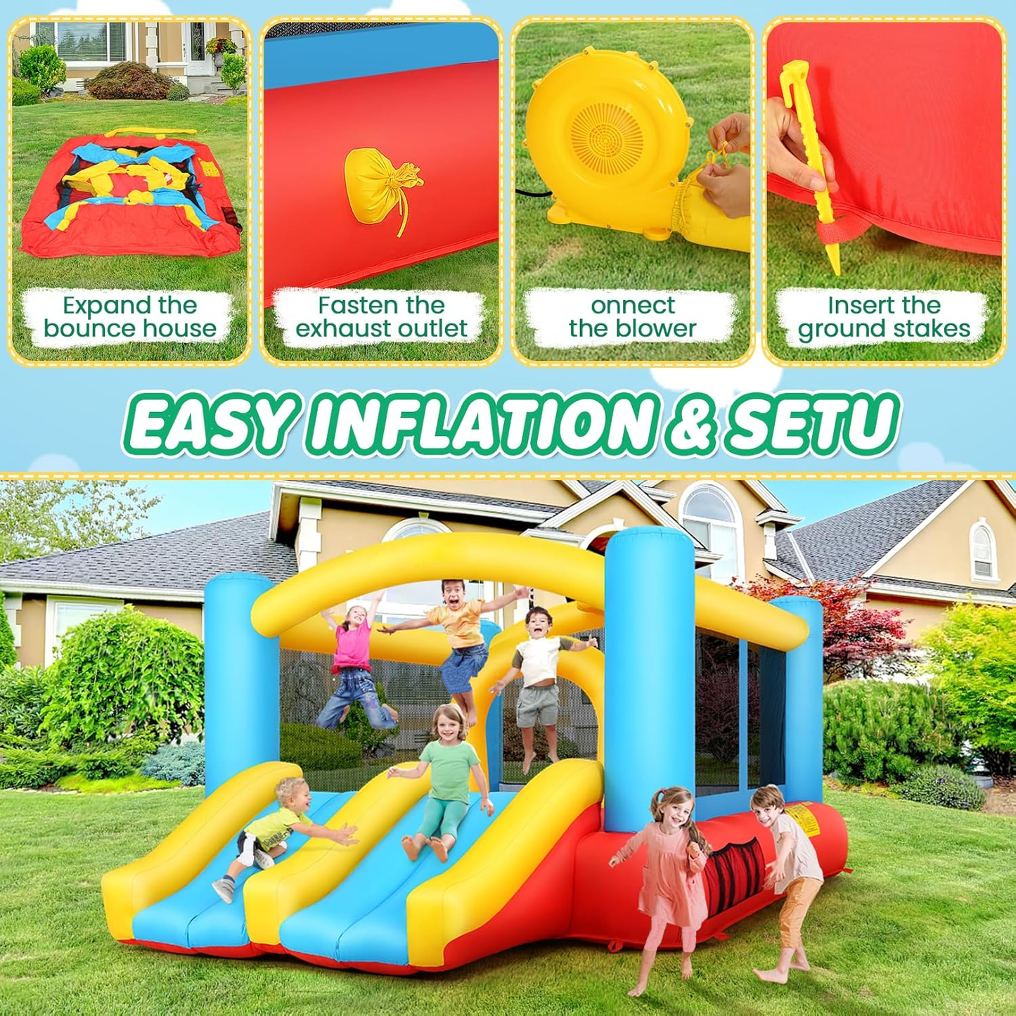 KRISRATE Inflatable Bounce House for Kids 3-12 with Dual Slides & 470W Blower - 12.3x9FT Bouncy Castle Indoor Outdoor Backyard Jump House Party