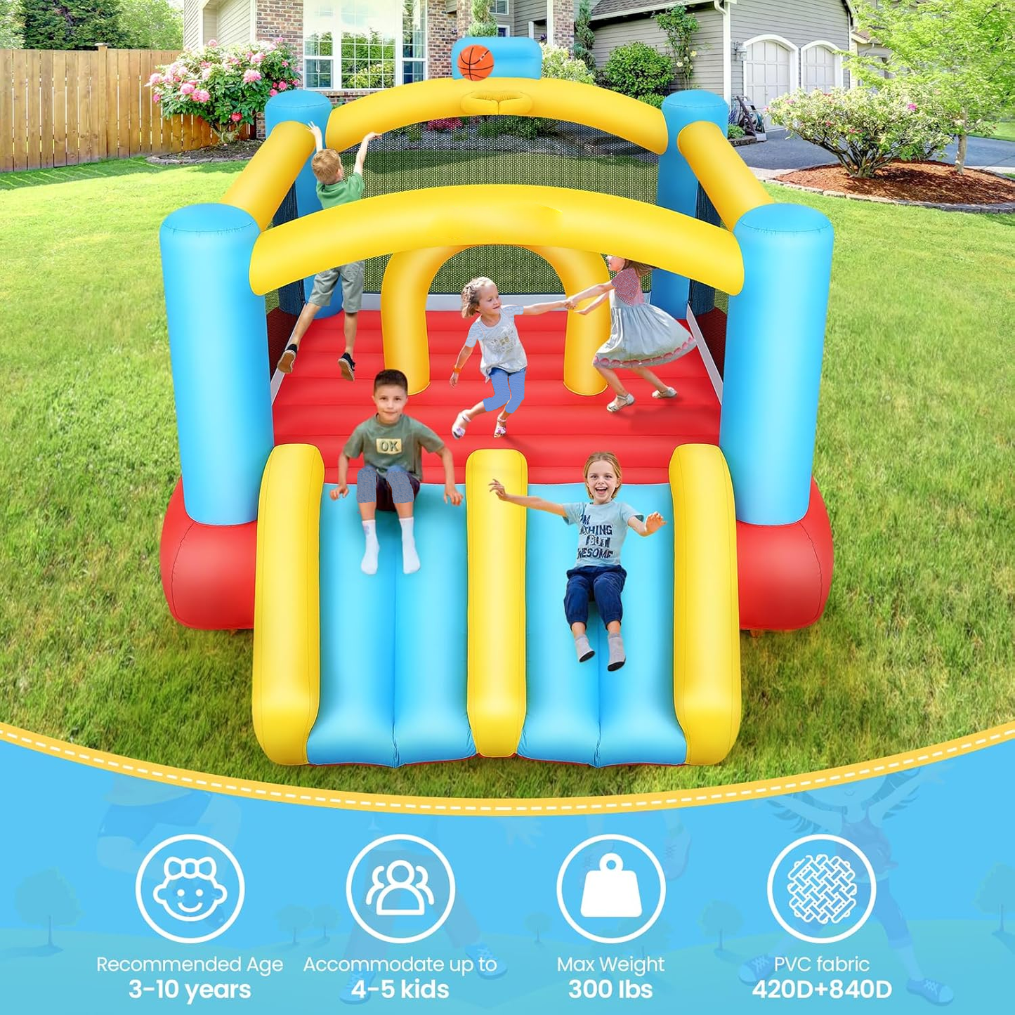 KRISRATE Inflatable Bounce House for Kids 3-12 with Dual Slides & 470W Blower - 12.3x9FT Bouncy Castle Indoor Outdoor Backyard Jump House Party