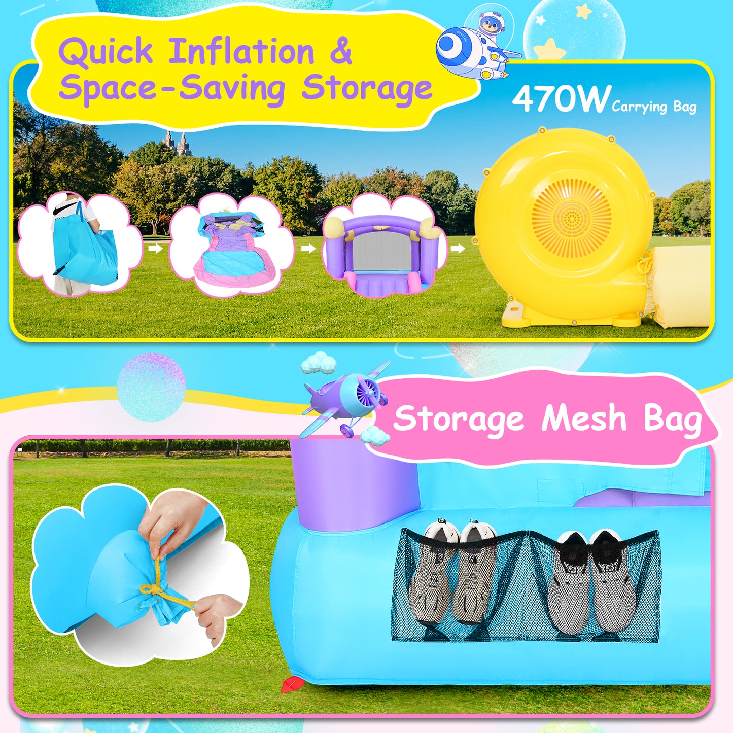 KRISRATE Inflatable Bounce House  - 161x82x63'' Jumping Castle with Blower, 50 Ocean Balls, Slide, Basketball Hoop & 6 Sticky Balls, Indoor Outdoor