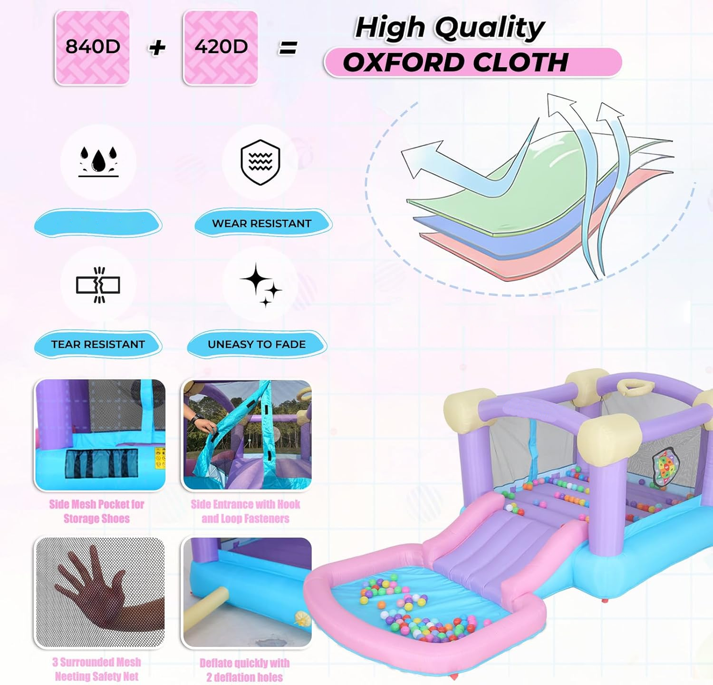 KRISRATE Inflatable Bounce House  - 161x82x63'' Jumping Castle with Blower, 50 Ocean Balls, Slide, Basketball Hoop & 6 Sticky Balls, Indoor Outdoor