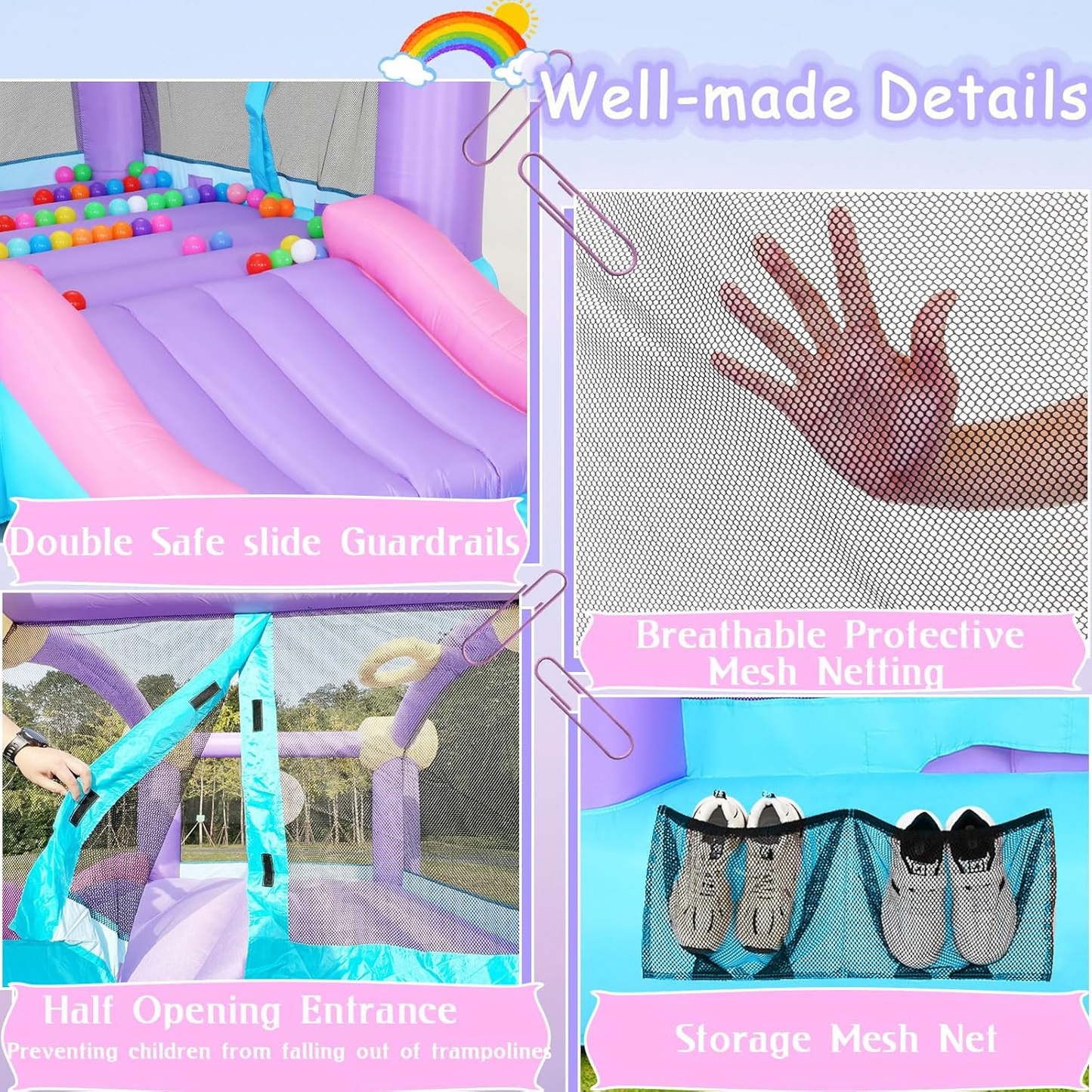 KRISRATE Inflatable Bounce House  - 161x82x63'' Jumping Castle with Blower, 50 Ocean Balls, Slide, Basketball Hoop & 6 Sticky Balls, Indoor Outdoor