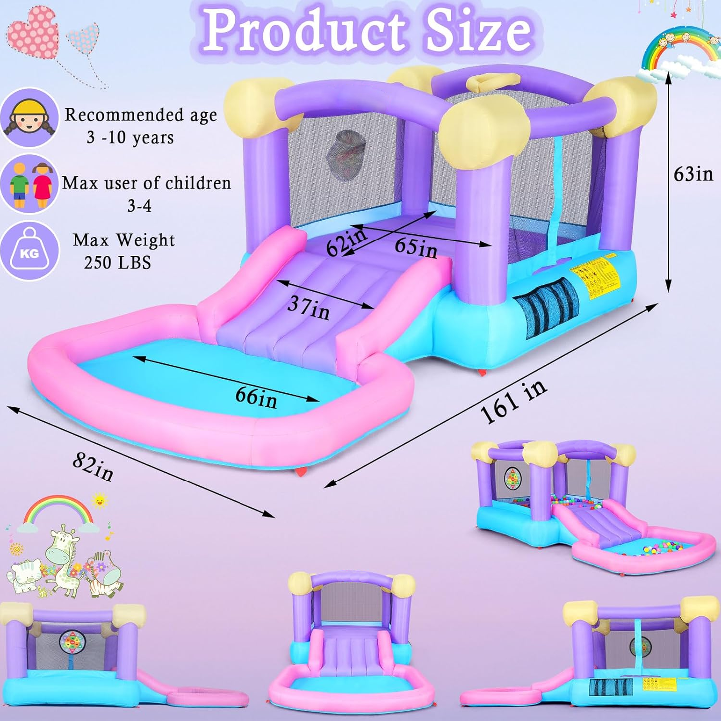 KRISRATE Inflatable Bounce House  - 161x82x63'' Jumping Castle with Blower, 50 Ocean Balls, Slide, Basketball Hoop & 6 Sticky Balls, Indoor Outdoor