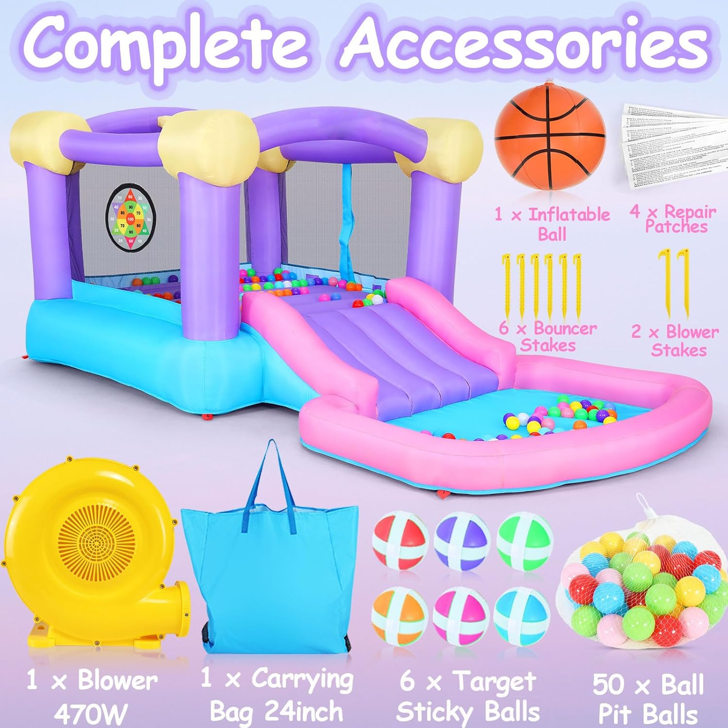 KRISRATE Inflatable Bounce House  - 161x82x63'' Jumping Castle with Blower, 50 Ocean Balls, Slide, Basketball Hoop & 6 Sticky Balls, Indoor Outdoor