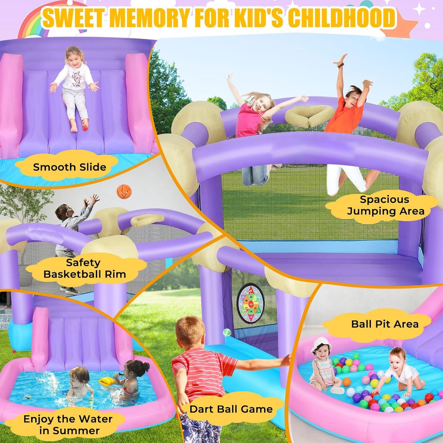 KRISRATE Inflatable Bounce House  - 161x82x63'' Jumping Castle with Blower, 50 Ocean Balls, Slide, Basketball Hoop & 6 Sticky Balls, Indoor Outdoor