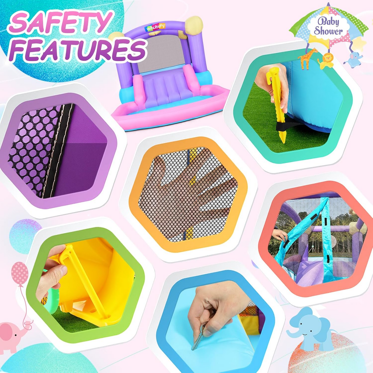 KRISRATE Inflatable Bounce House  - 161x82x63'' Jumping Castle with Blower, 50 Ocean Balls, Slide, Basketball Hoop & 6 Sticky Balls, Indoor Outdoor