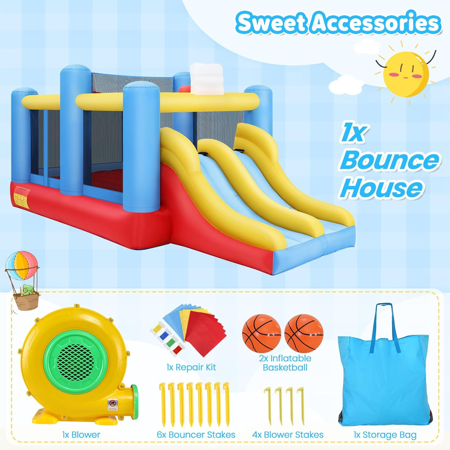 KRISRATE Bounce House 15x8ft with Dual Slides - Inflatable Bouncy Castle with 2 Basketball Hoops, Removable Volleyball Net &Blower for Indoor Outdoor