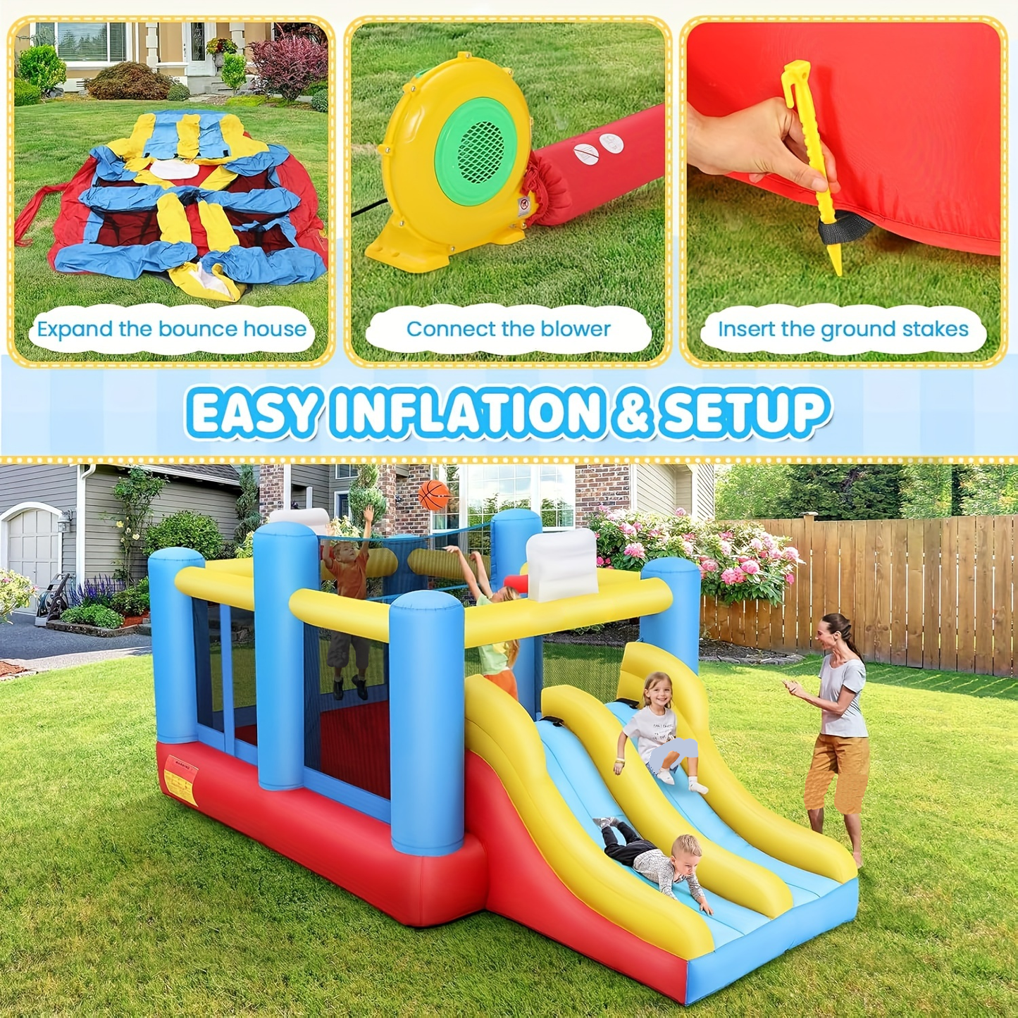 KRISRATE Bounce House 15x8ft with Dual Slides - Inflatable Bouncy Castle with 2 Basketball Hoops, Removable Volleyball Net &Blower for Indoor Outdoor