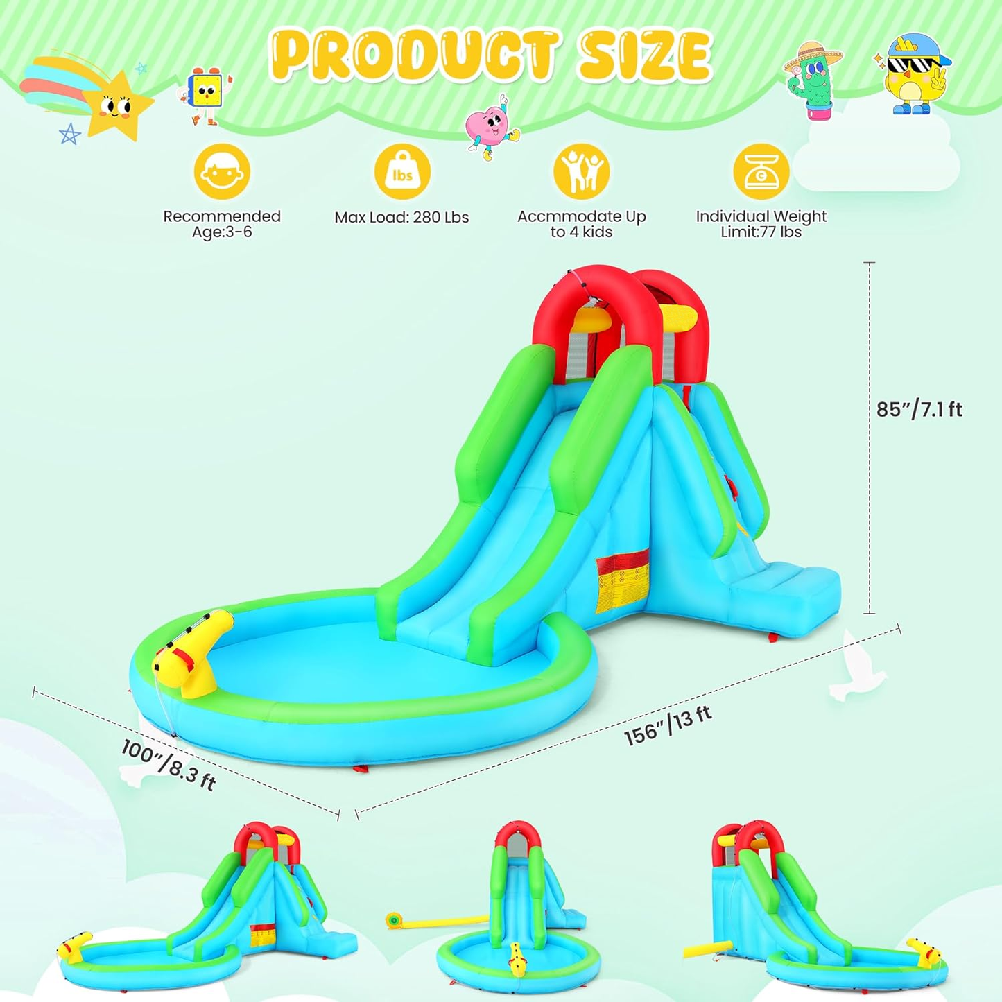 KRISRATE Inflatable Water Slide, 13x8ft Backyard Water Park with Pool Slide Climbing Wall Blower, Bouncy Castle, Indoor Outdoor Summer Fun Party Gift