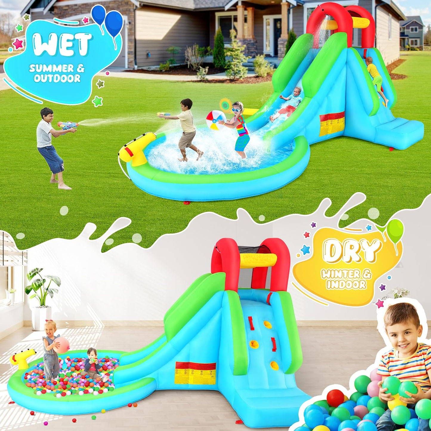 KRISRATE Inflatable Water Slide, 13x8ft Backyard Water Park with Pool Slide Climbing Wall Blower, Bouncy Castle, Indoor Outdoor Summer Fun Party Gift