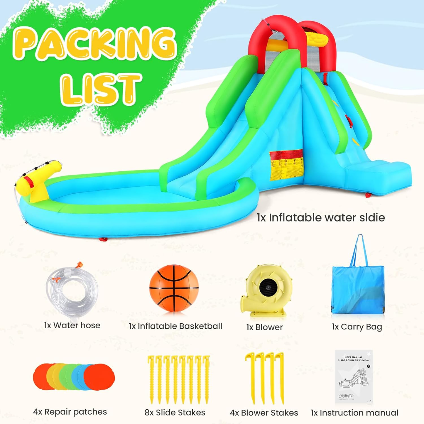 KRISRATE Inflatable Water Slide, 13x8ft Backyard Water Park with Pool Slide Climbing Wall Blower, Bouncy Castle, Indoor Outdoor Summer Fun Party Gift