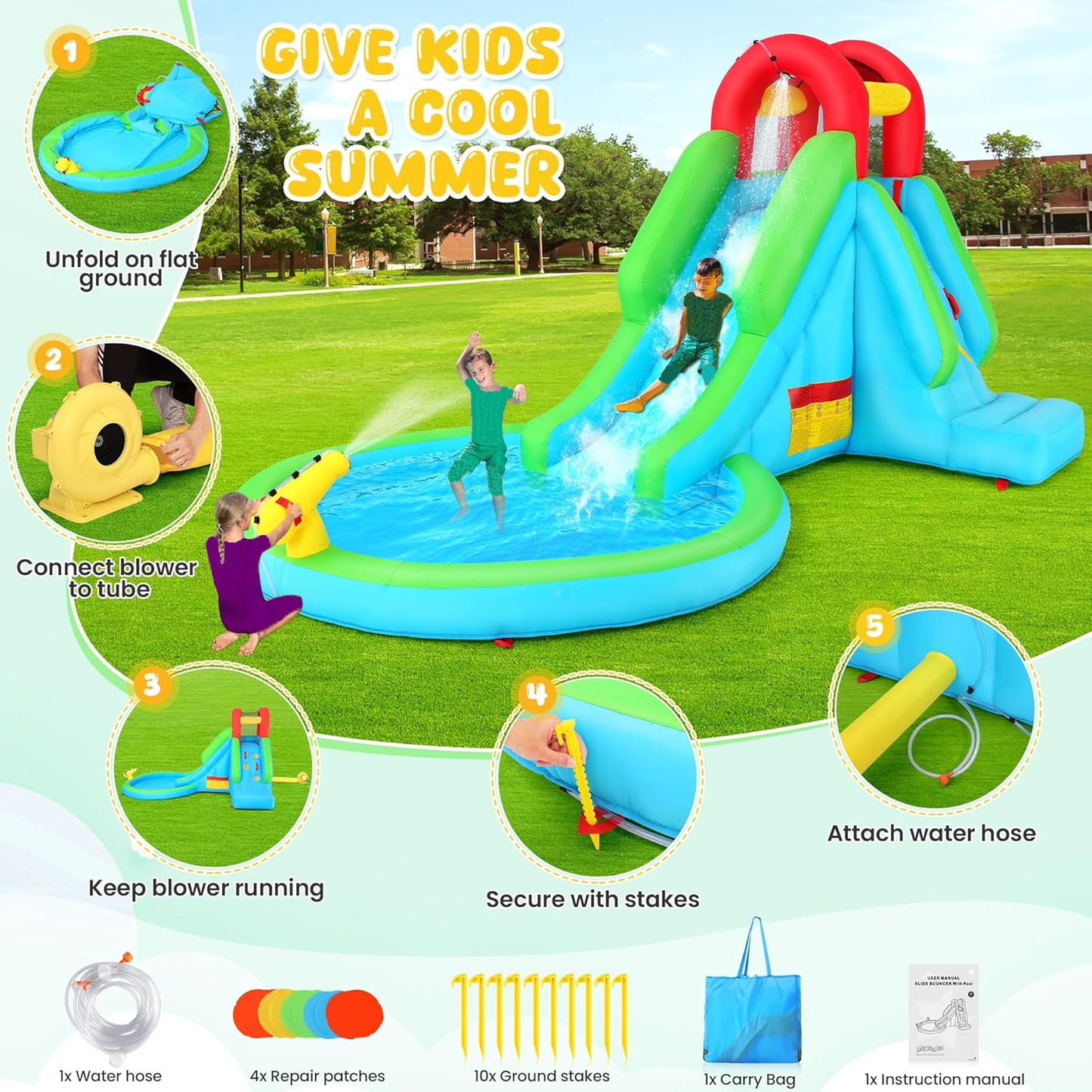 KRISRATE Inflatable Water Slide, 13x8ft Backyard Water Park with Pool Slide Climbing Wall Blower, Bouncy Castle, Indoor Outdoor Summer Fun Party Gift