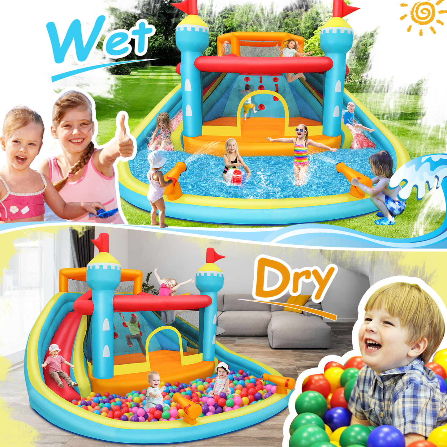 KRISRATE Inflatable Water Slide Bounce House with Dual Slides & Climbing Wall, Large Wet Dry Bouncy Castle w/Splash Pool, Water Sprayers & 520W Blower