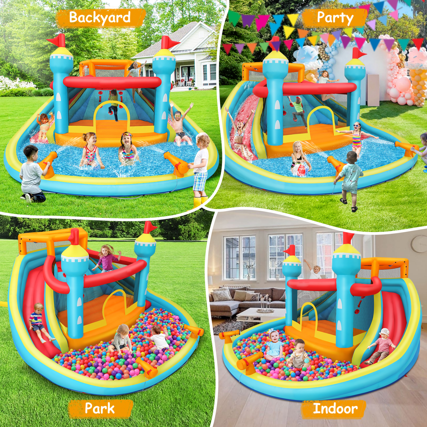 KRISRATE Inflatable Water Slide Bounce House with Dual Slides & Climbing Wall, Large Wet Dry Bouncy Castle w/Splash Pool, Water Sprayers & 520W Blower