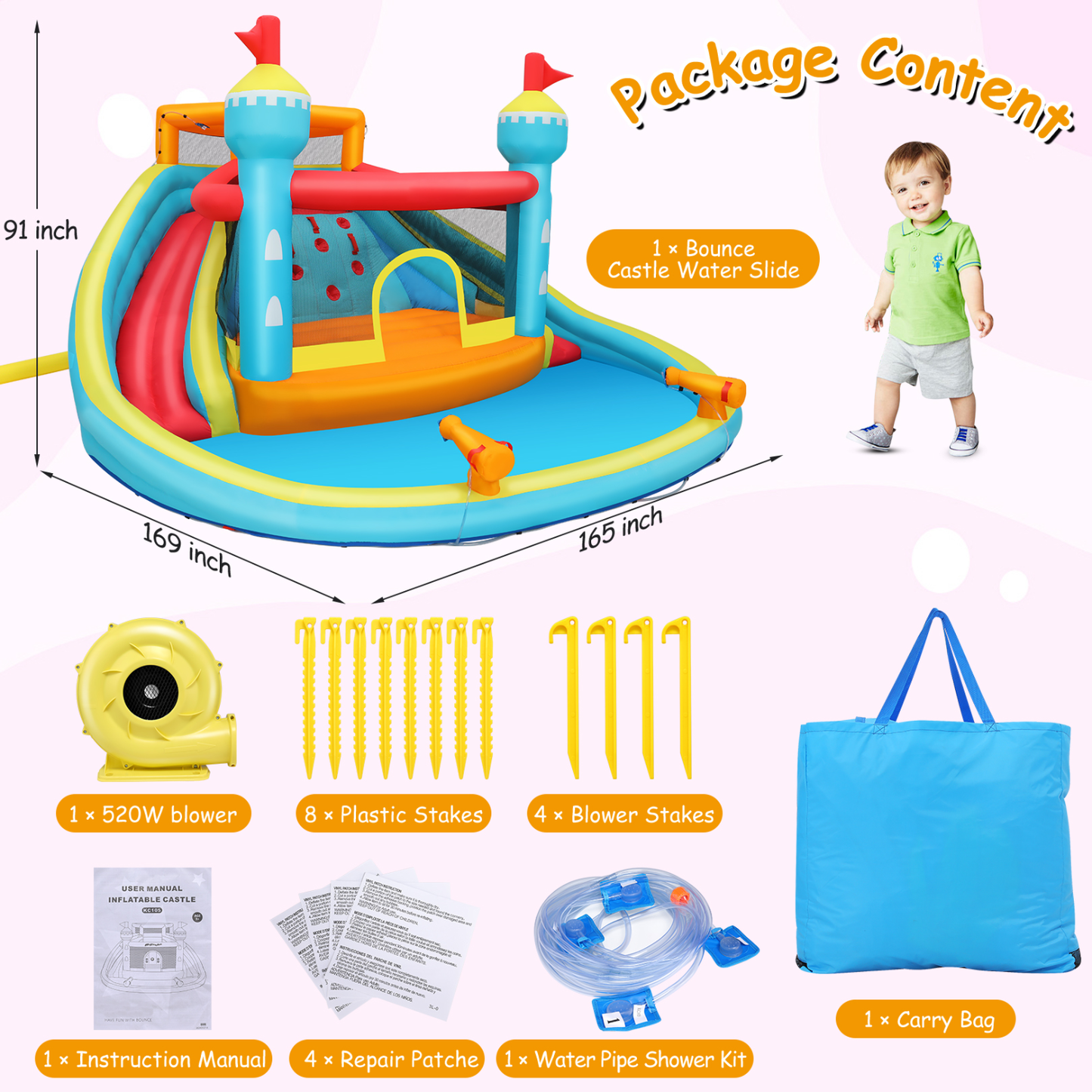 KRISRATE Inflatable Water Slide Bounce House with Dual Slides & Climbing Wall, Large Wet Dry Bouncy Castle w/Splash Pool, Water Sprayers & 520W Blower