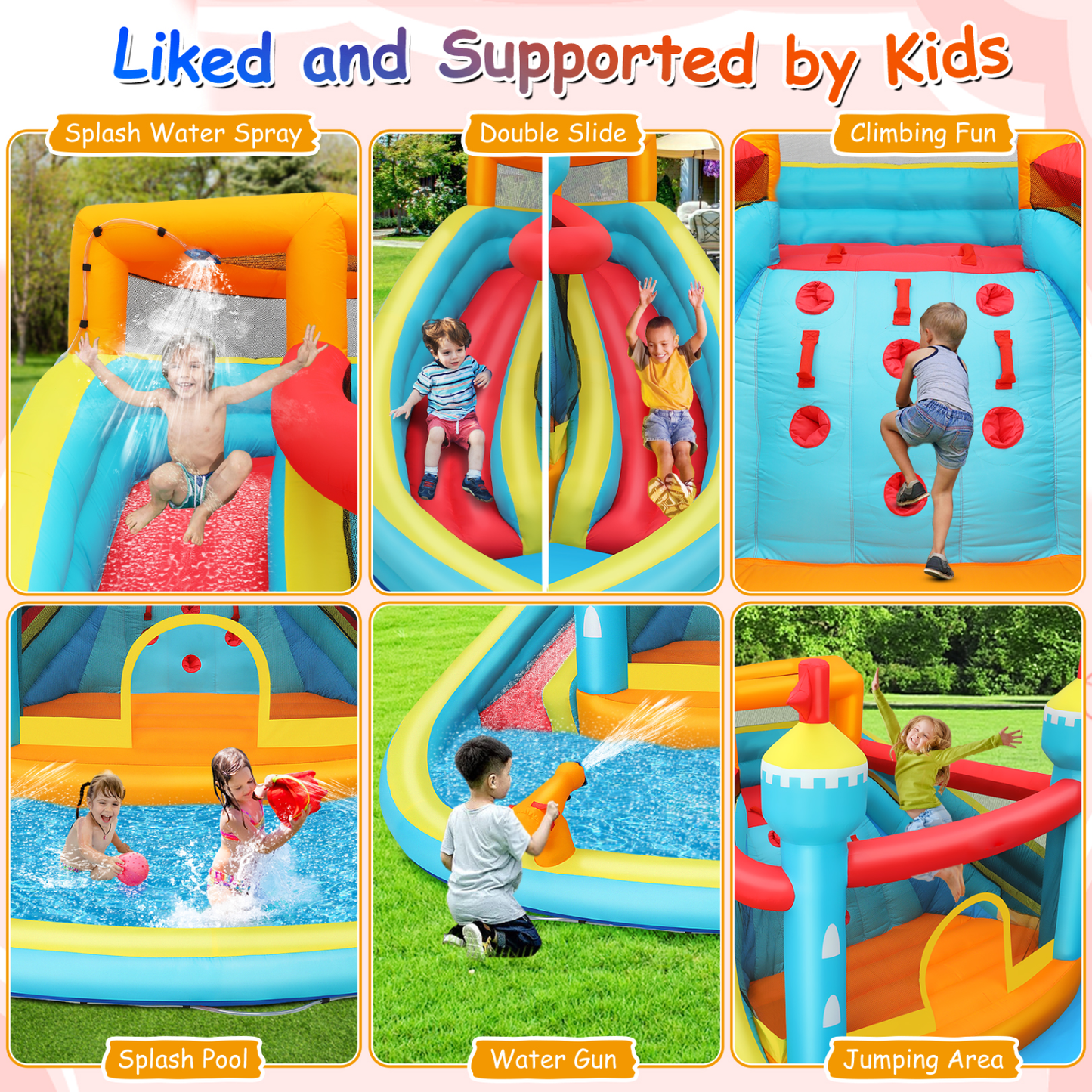 KRISRATE Inflatable Water Slide Bounce House with Dual Slides & Climbing Wall, Large Wet Dry Bouncy Castle w/Splash Pool, Water Sprayers & 520W Blower