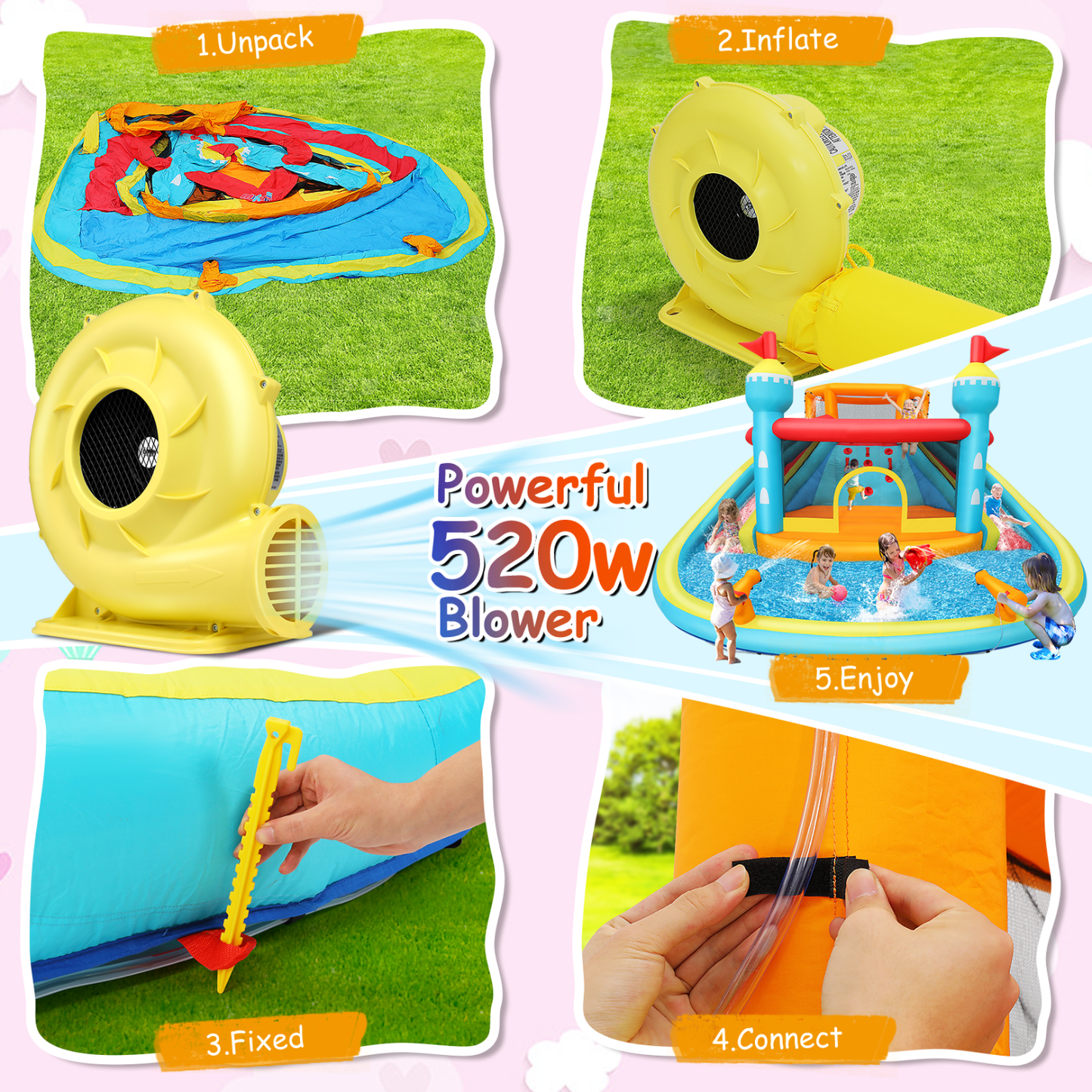 KRISRATE Inflatable Water Slide Bounce House with Dual Slides & Climbing Wall, Large Wet Dry Bouncy Castle w/Splash Pool, Water Sprayers & 520W Blower