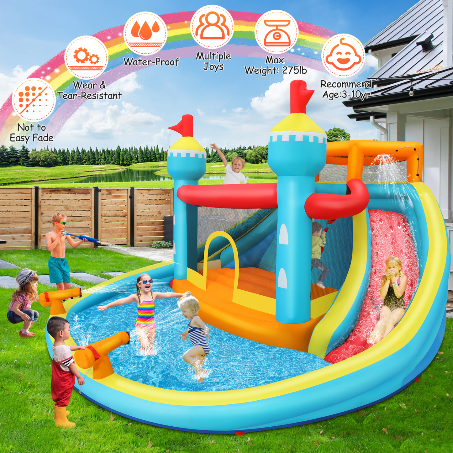 KRISRATE Inflatable Water Slide Bounce House with Dual Slides & Climbing Wall, Large Wet Dry Bouncy Castle w/Splash Pool, Water Sprayers & 520W Blower