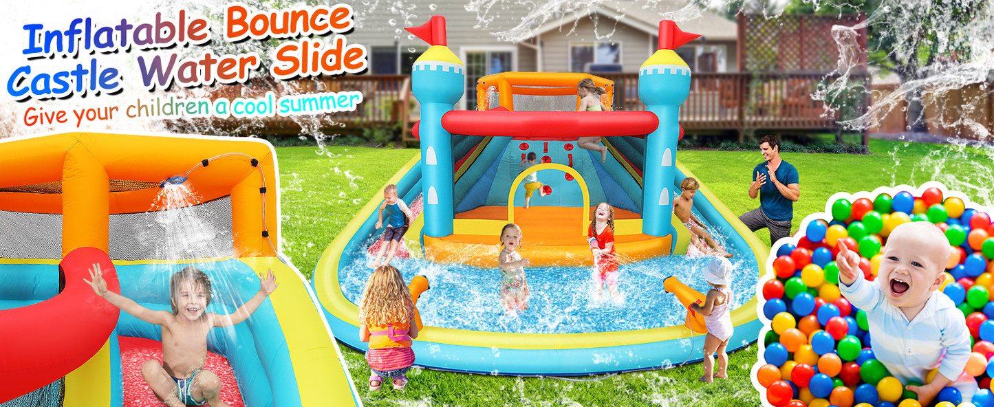 KRISRATE Inflatable Water Slide Bounce House with Dual Slides & Climbing Wall, Large Wet Dry Bouncy Castle w/Splash Pool, Water Sprayers & 520W Blower