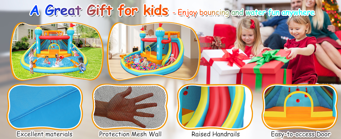 KRISRATE Inflatable Water Slide Bounce House with Dual Slides & Climbing Wall, Large Wet Dry Bouncy Castle w/Splash Pool, Water Sprayers & 520W Blower